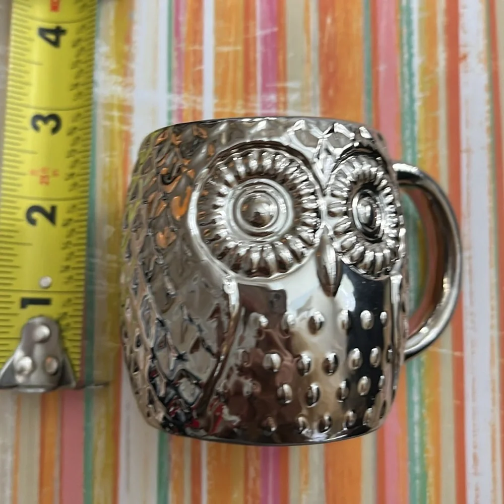 West Elm Owl Mug Silver Metallic Cup small Chi Omega Textured